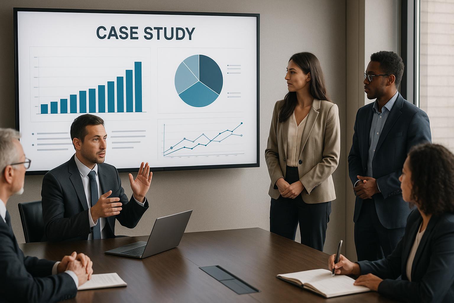 A team presenting a case study on a large screen with charts in a boardroom