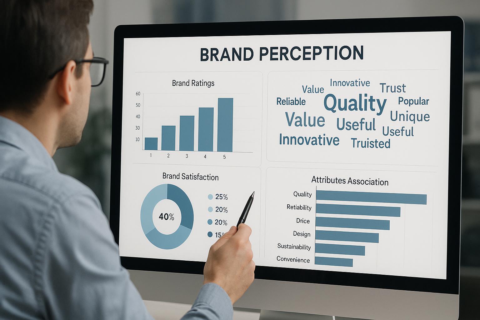 A researcher reviewing brand perception survey charts and word cloud visuals