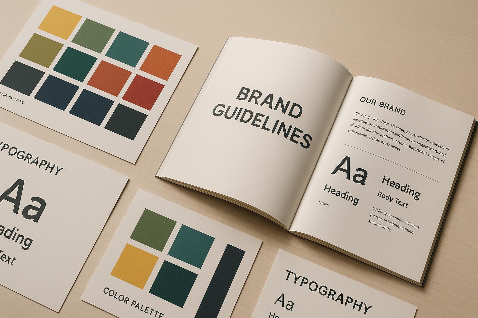 Colour swatches, typography samples and a brand guideline booklet on a desk
