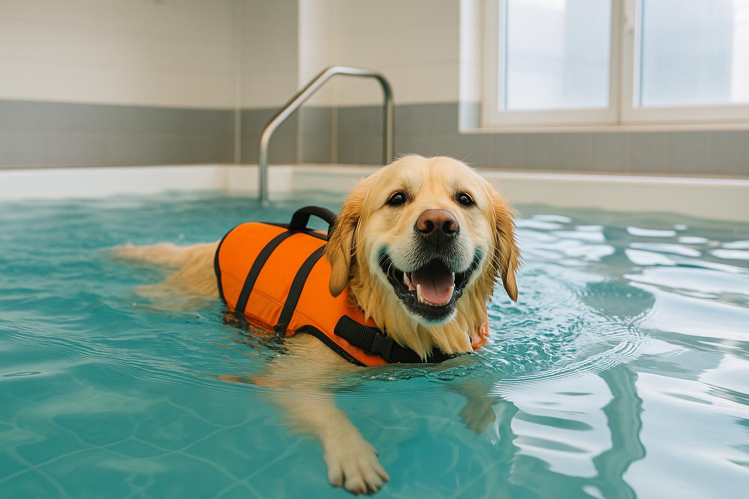 A happy dog swimming in a clean indoor hydrotherapy pool with a lifejacket on