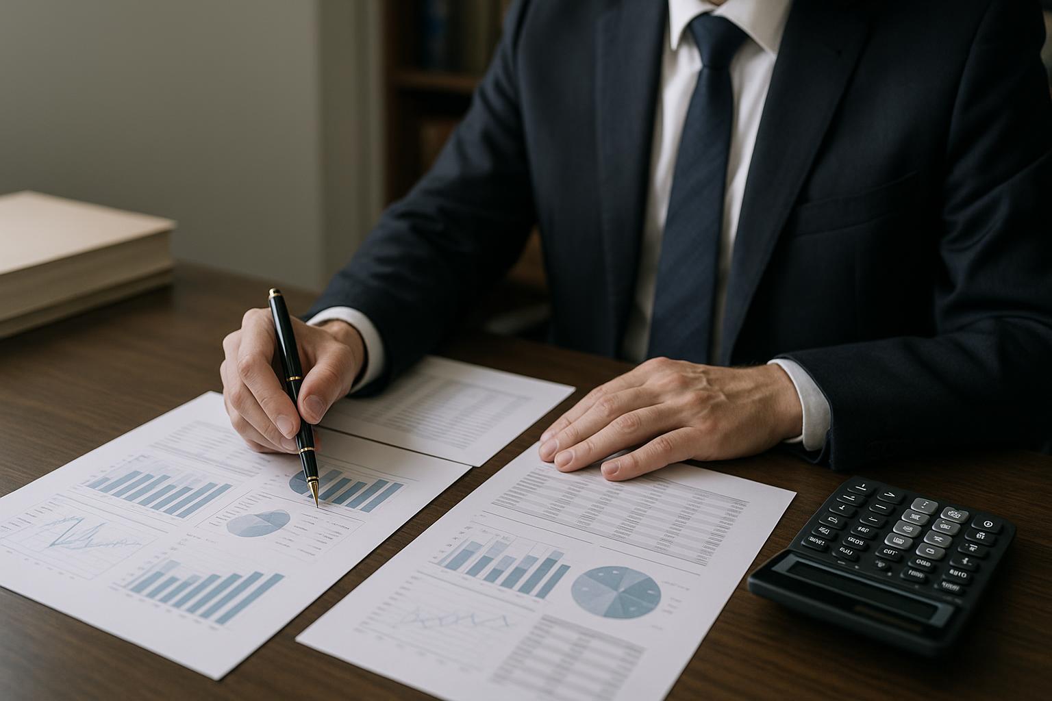 A solicitor reviewing financial documents and a calculator at a desk
