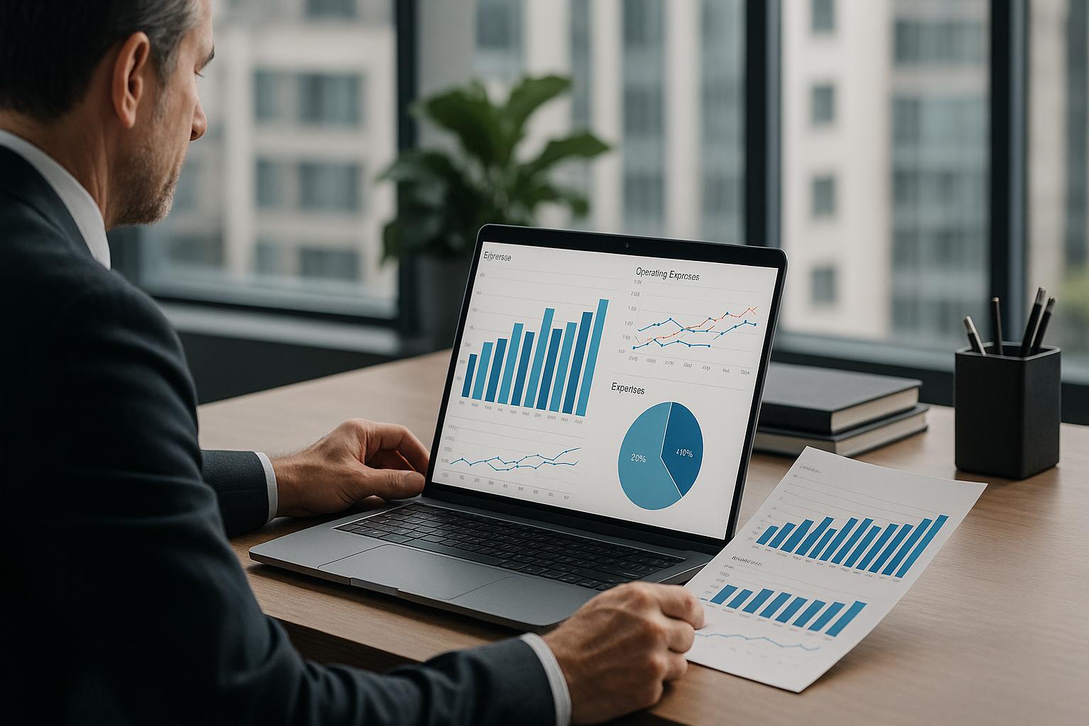 A law firm partner reviewing financial performance charts on a laptop
