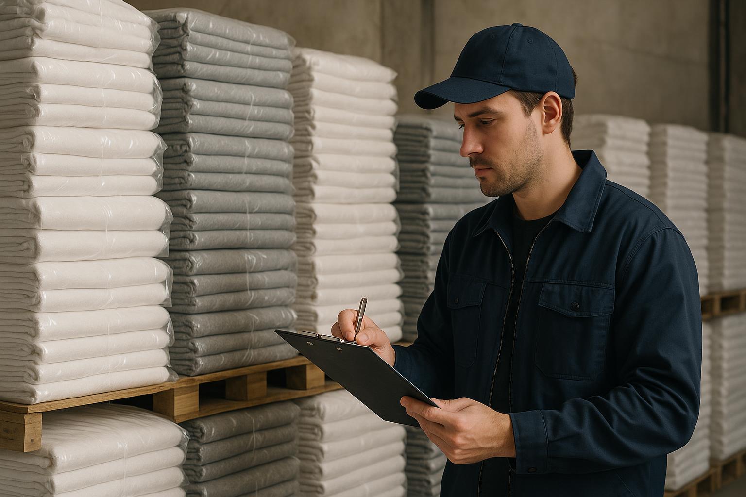 A warehouse worker checking a clipboard against neatly stacked linen deliveries