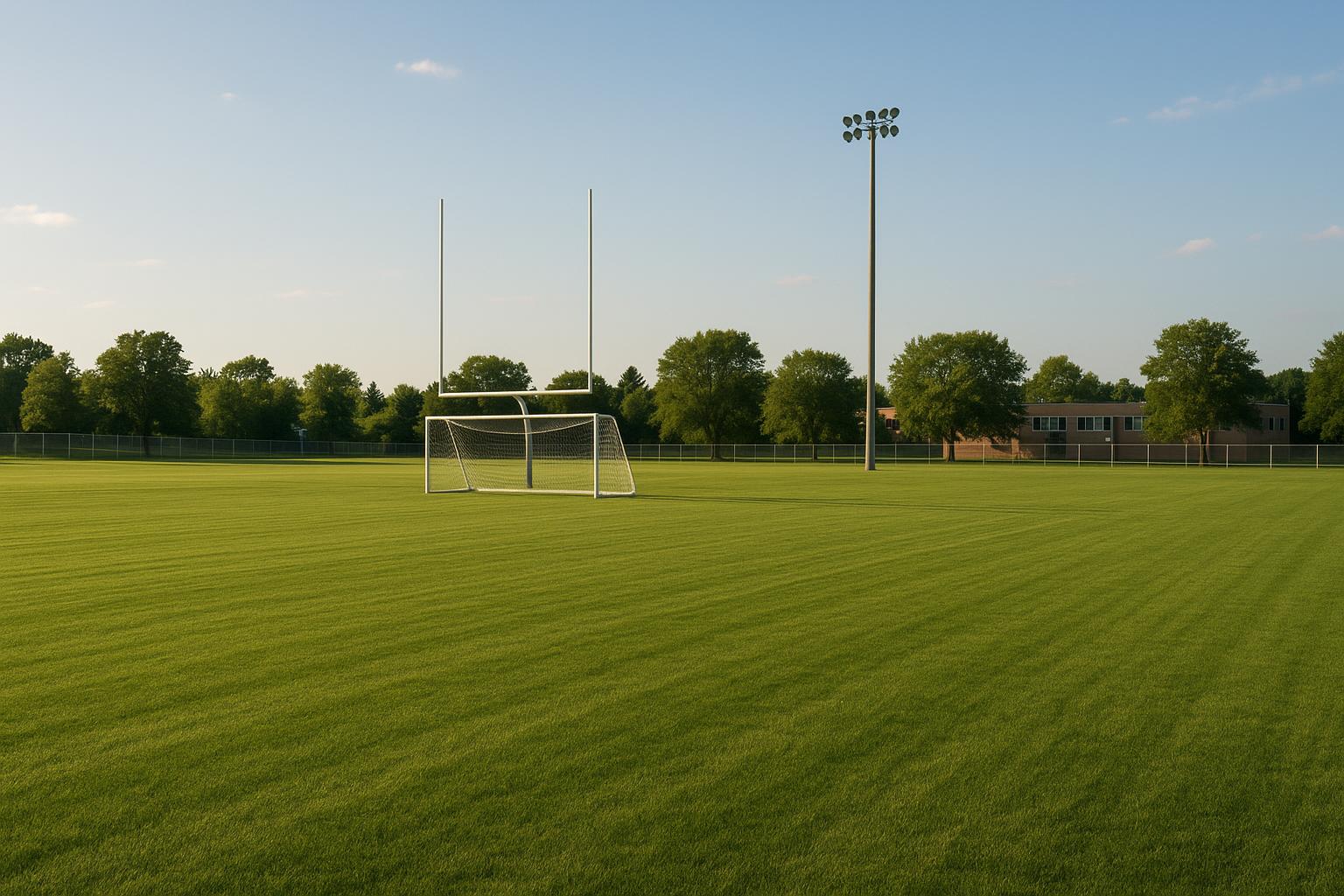 A well-maintained school sports field with goal posts