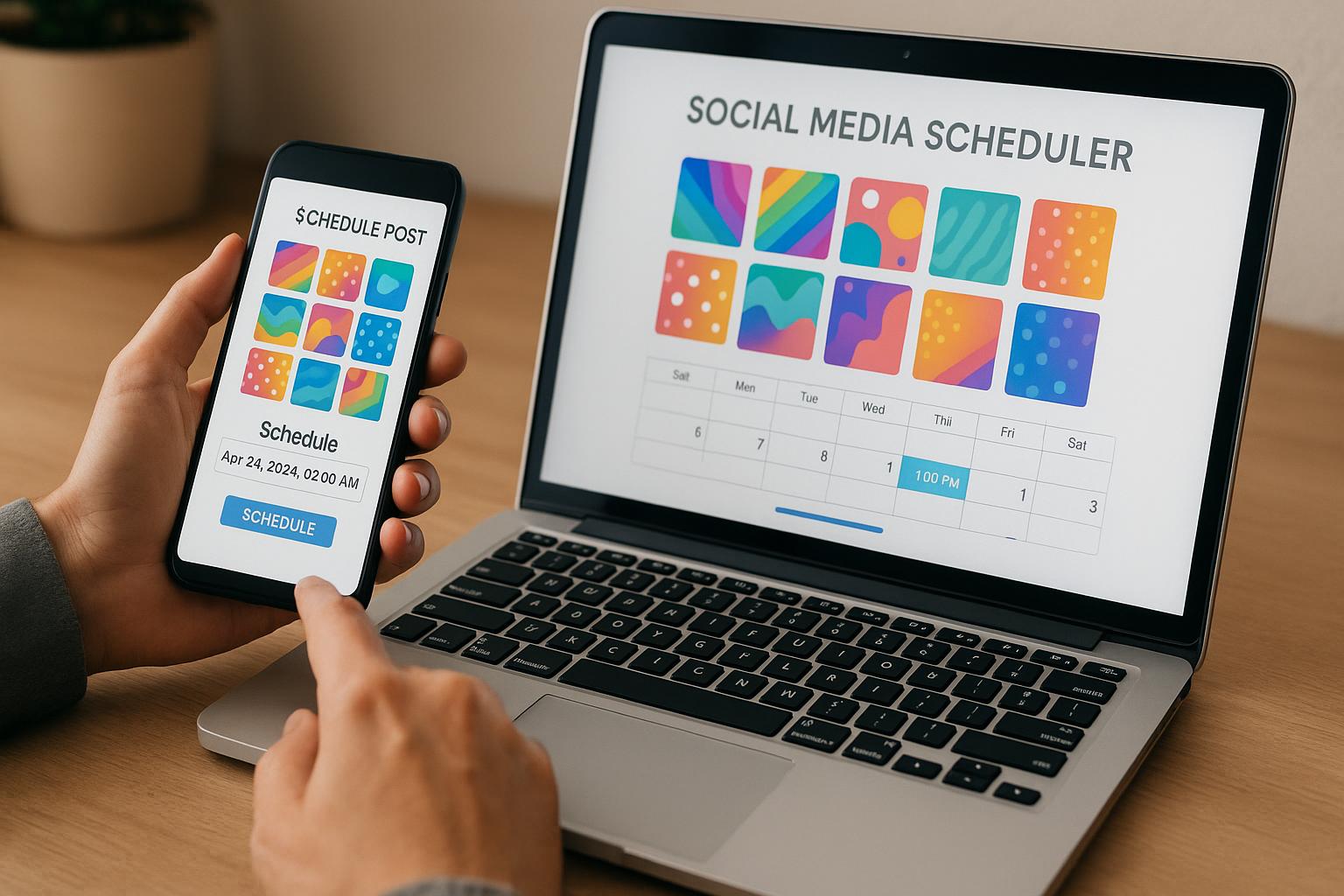 A social media manager scheduling colourful posts on a phone and laptop