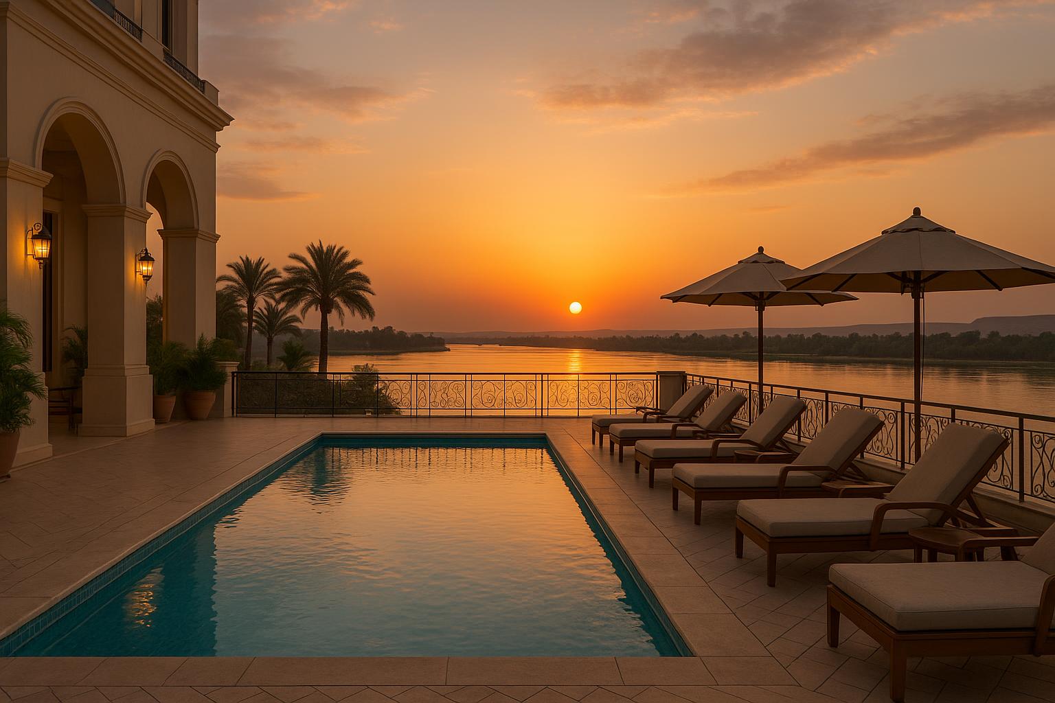 An elegant hotel poolside terrace overlooking the Nile at sunset