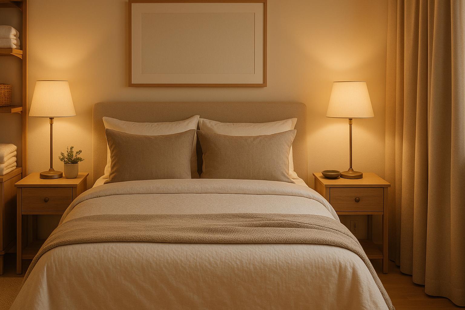 A cosy bedroom showroom display with a neatly made bed and soft lighting